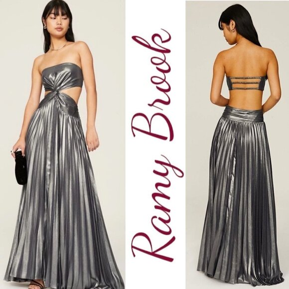 RAMY BROOK Destiny Gown Silver Metallic PleatedChiffon Strapless Cutout Size 8